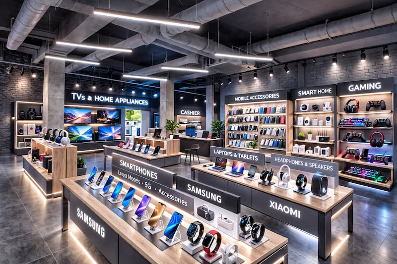 Tech service desk with devices and tools in a clean workspace