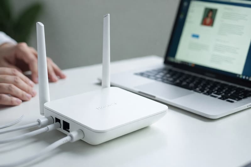 Router and laptop setup in a clean modern workspace