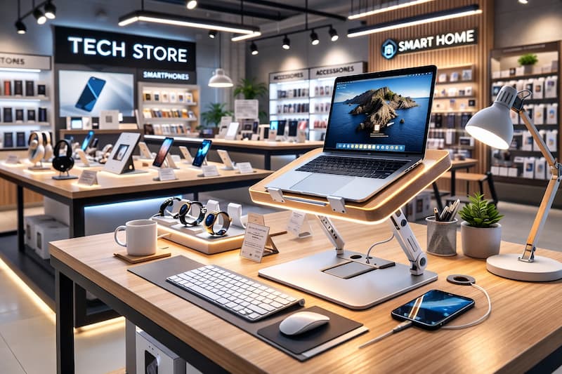 Laptop and networking equipment on a clean desk setup